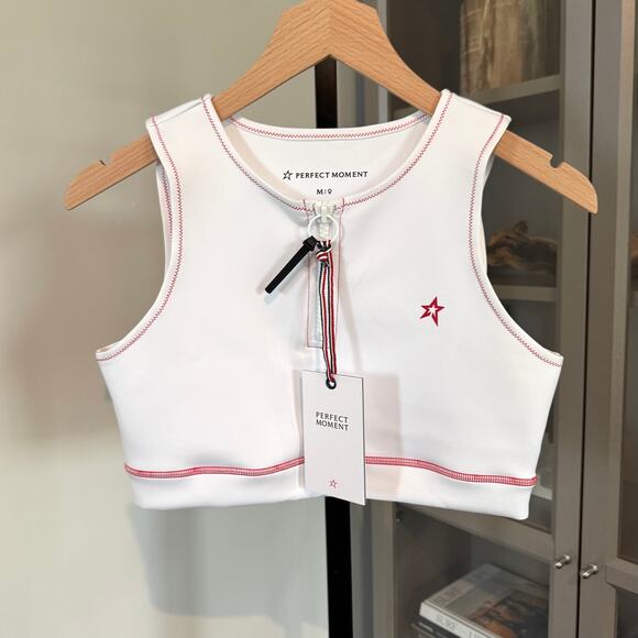 Perfect Moment Crop Tank Top NEW Neoprene White Red Zig Zag Crop Sports Bra M - Picture 1 of 5